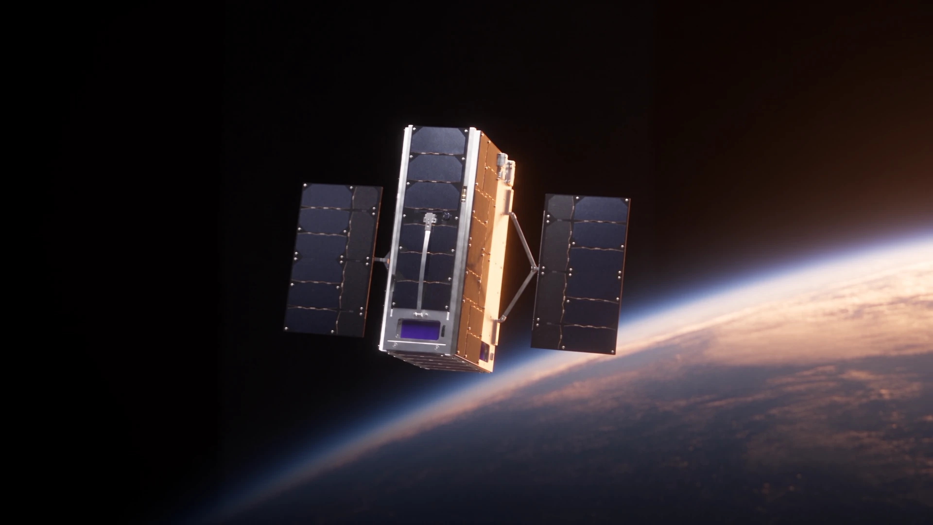 The complete illustrative small satellite with deployed solar arrays above Earth