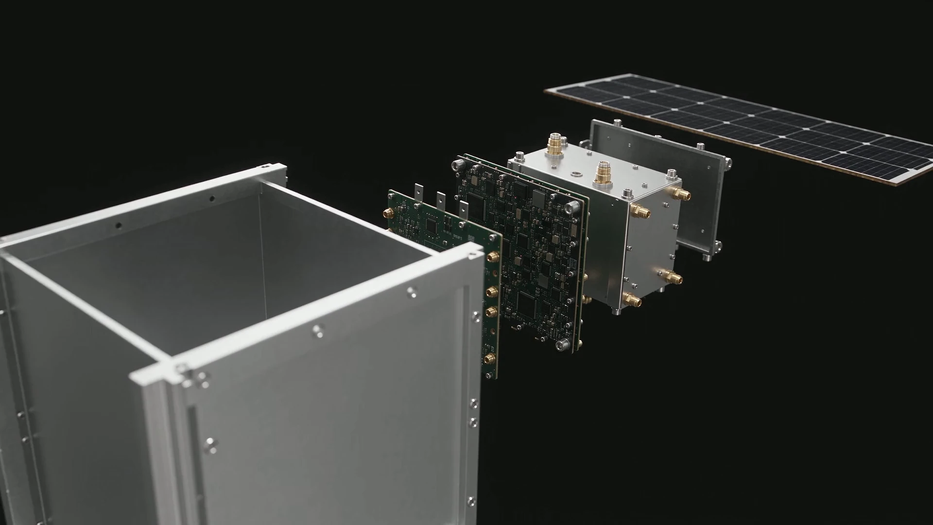 Illustrative satellite assembly with engineering layers, circuit boards and power hardware